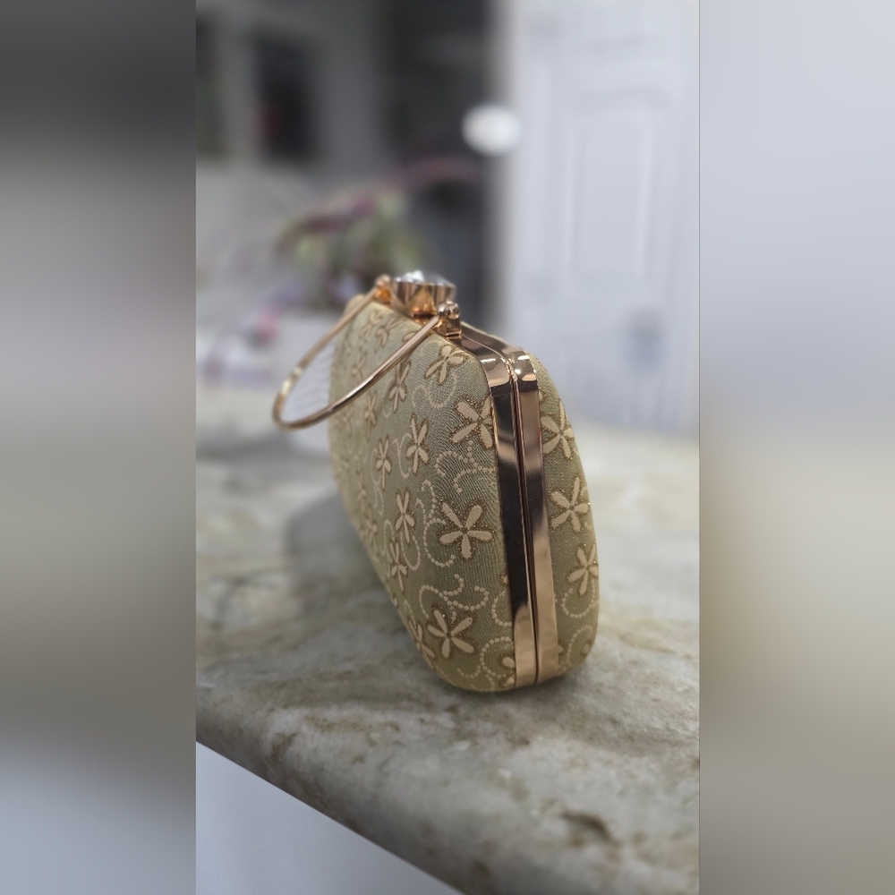 Gold Floral Box Clutch w/ Top Handle + Detachable Chain Strap - Picture 6 of 10